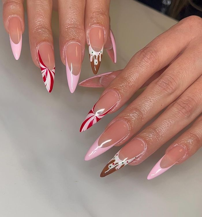 Pink French Tips with Peppermint and Gingerbread Pink French Tips with Peppermint and Gingerbread — Christmas Stiletto Nails 2026