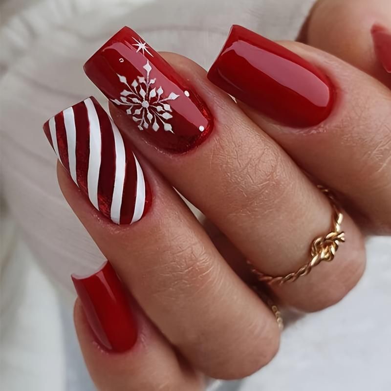 Deep Red Snowflake Square Nails Deep Red Snowflake Square Nails — Medium Christmas Nails 2026