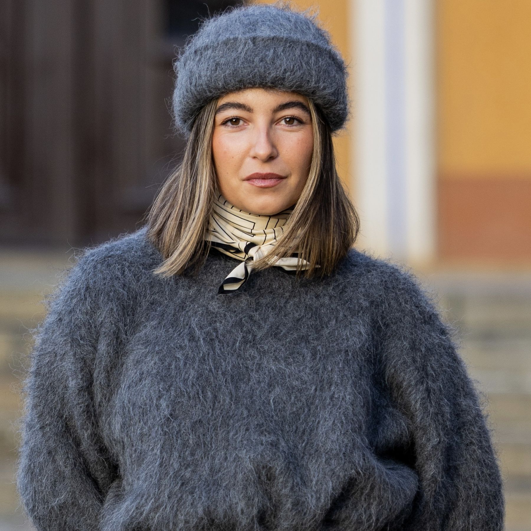 Collarbone Wavy Dark Blonde With Grey Hat — Winter Hat Hairstyles