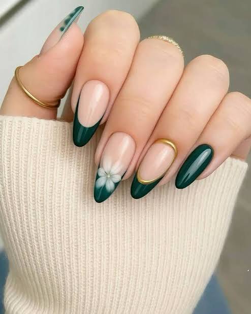 Gold Foil Accent On One Nail French Tip Visual Idea Gold Foil Accent On One Nail French Tip Visual Idea — Emerald Green Nails