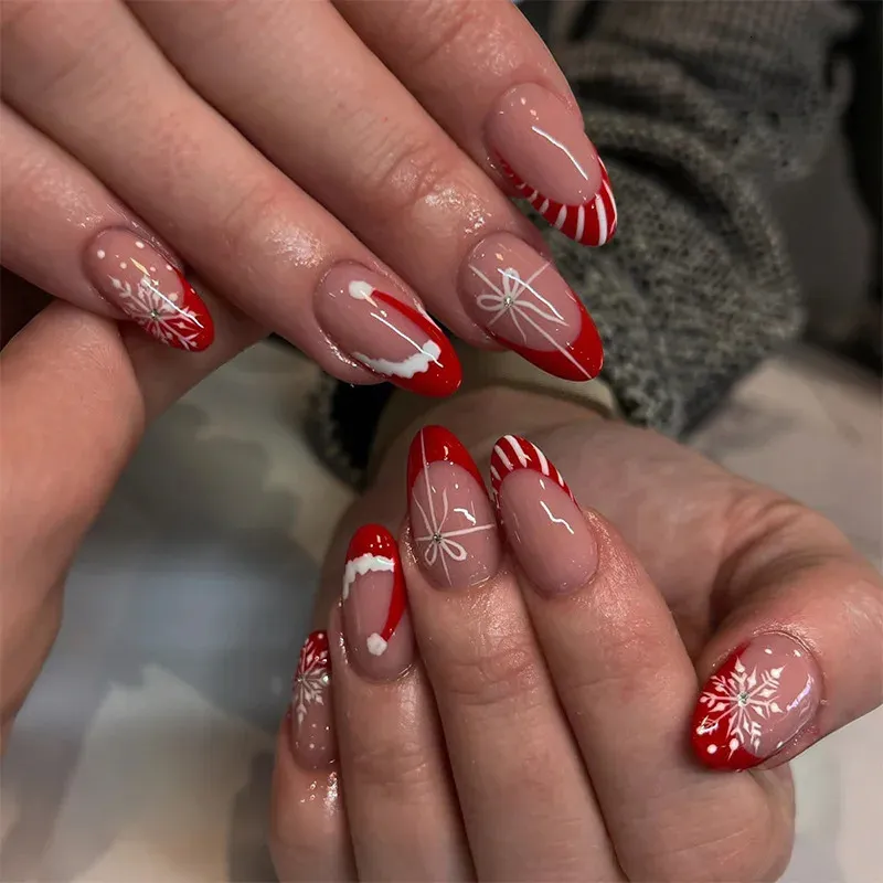 Red French Tips with Painted Festive Art Red French Tips with Painted Festive Art — Winter Bow Nails