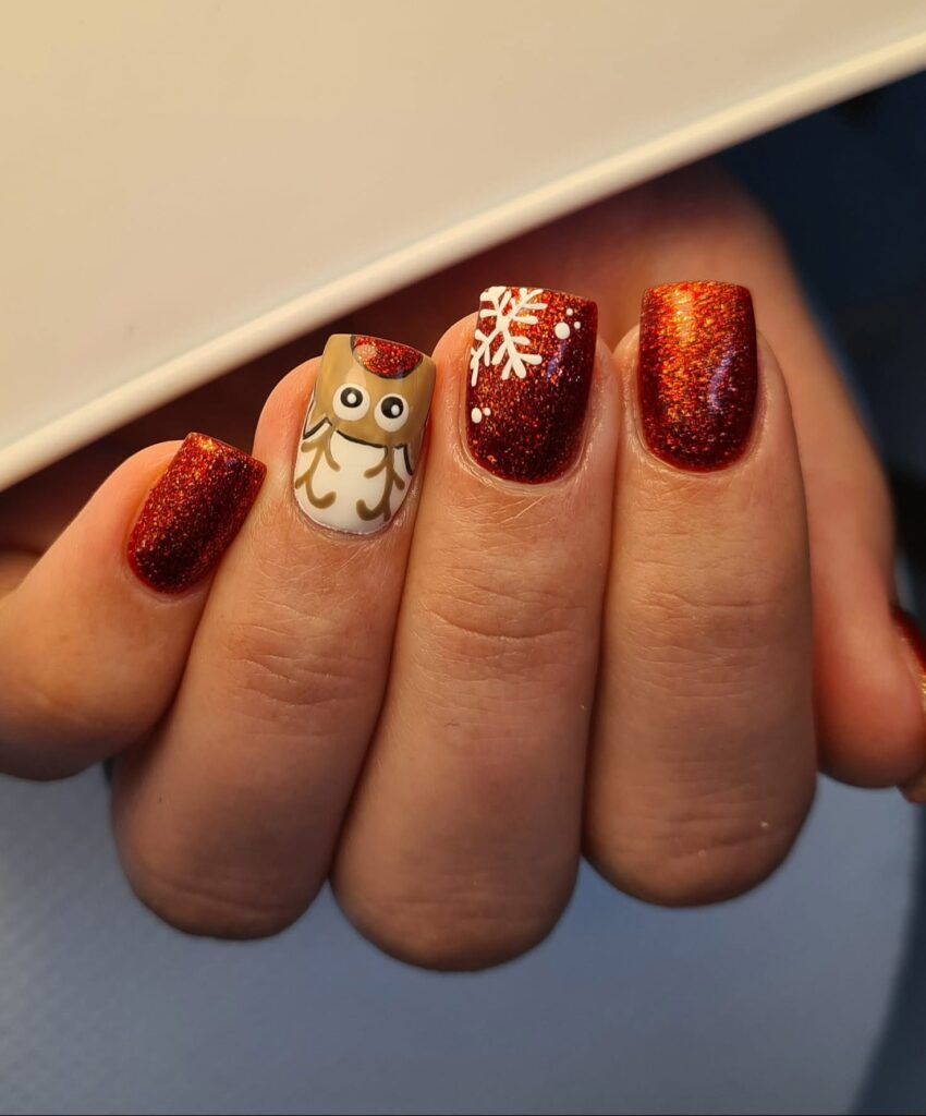 Red Glitter White Brown Orange Visual Idea — Short Christmas Square Nails 2026