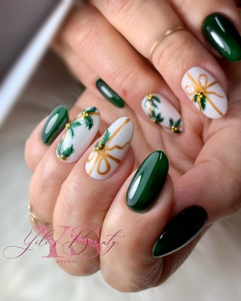 Green and White with Gold Bows and Holly — Green Christmas Nails 2026