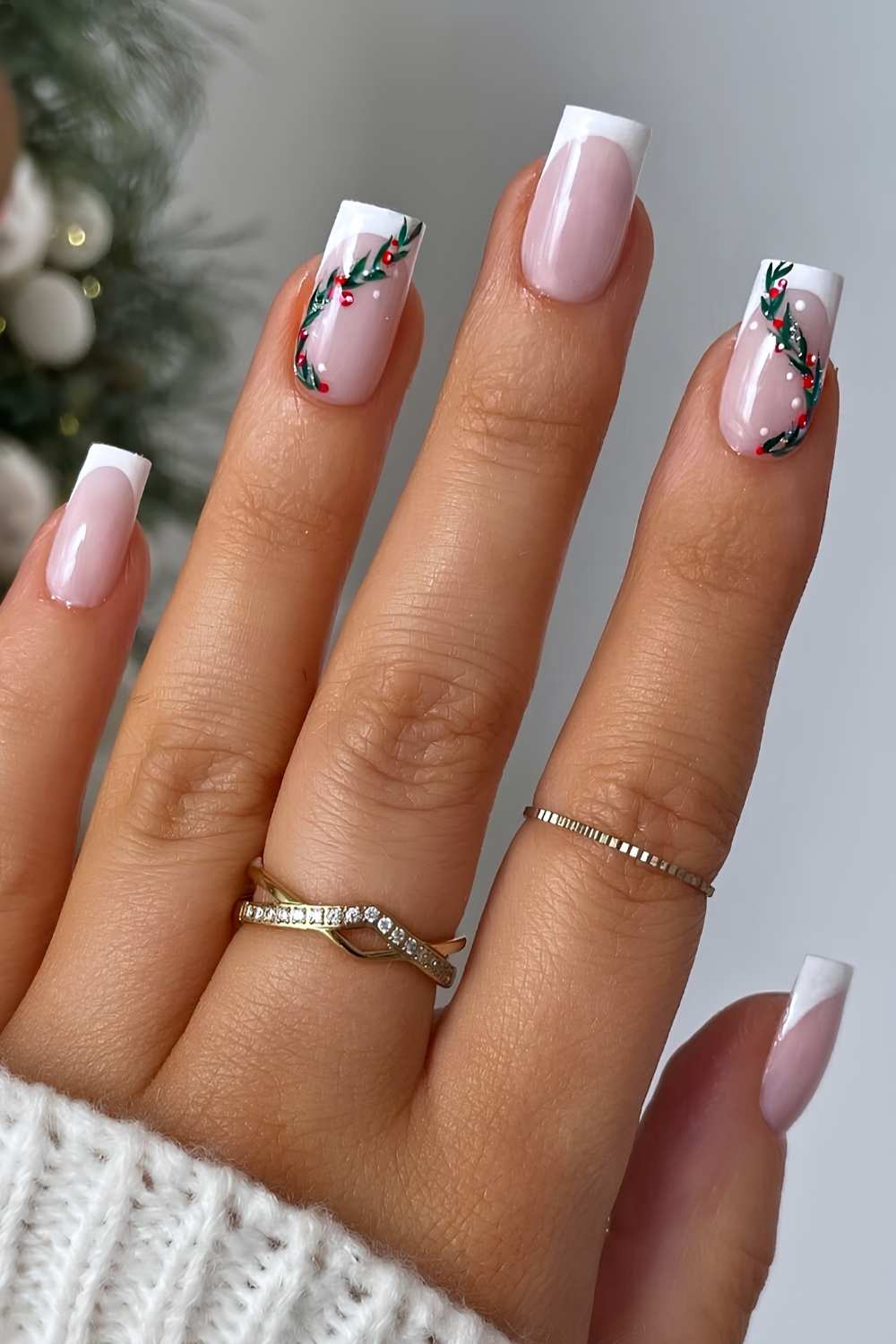 Sheer Pink Holly Berry French Tip Nails Sheer Pink Holly Berry French Tip Nails — Christmas Square Nails 2026