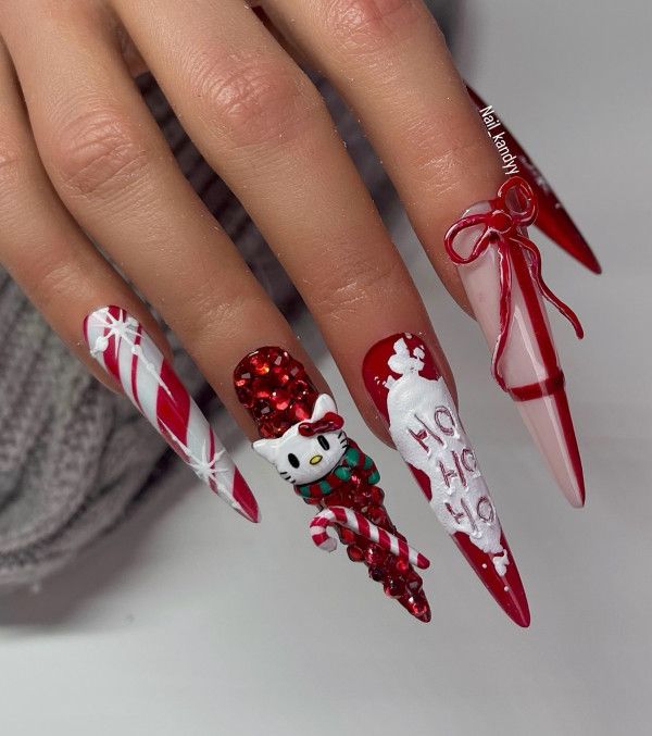 High Gloss 3D Texture Heavy Glitter Visual Idea — Hello Kitty Christmas Nails 2026