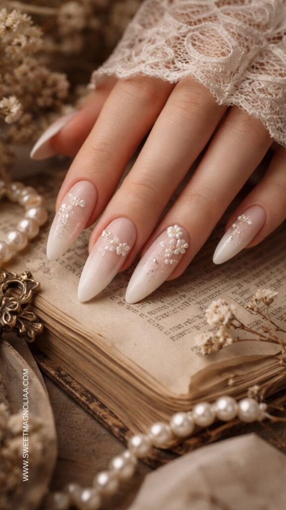 Pearl and Floral Applique Stilettos Pearl and Floral Applique Stilettos — Winter Pearl Nails