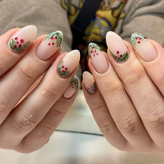 Green Leaf Red Berry Cuticle Art Nails Green Leaf Red Berry Cuticle Art Nails — Cute Christmas Nails 2026
