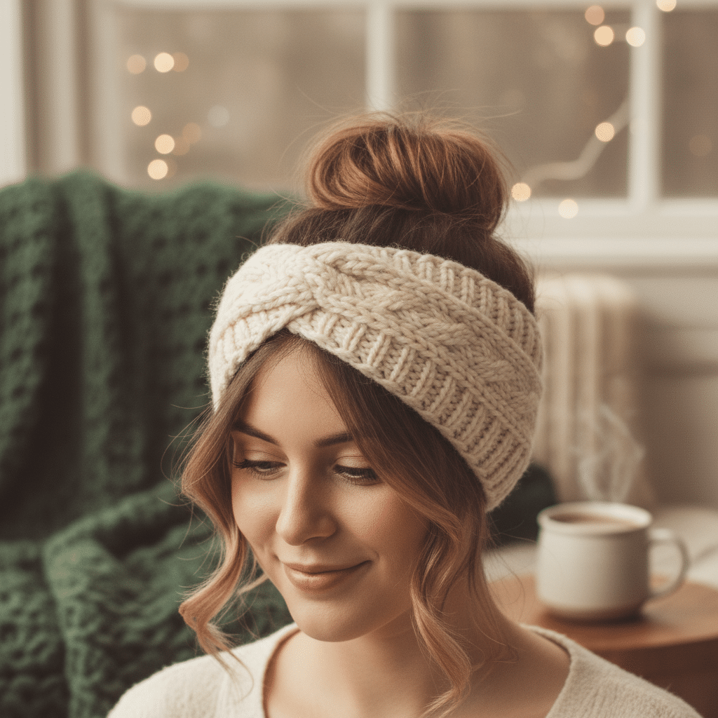 Medium Brown Waves with Cream Knit Headband — Winter Hairstyles with Headband