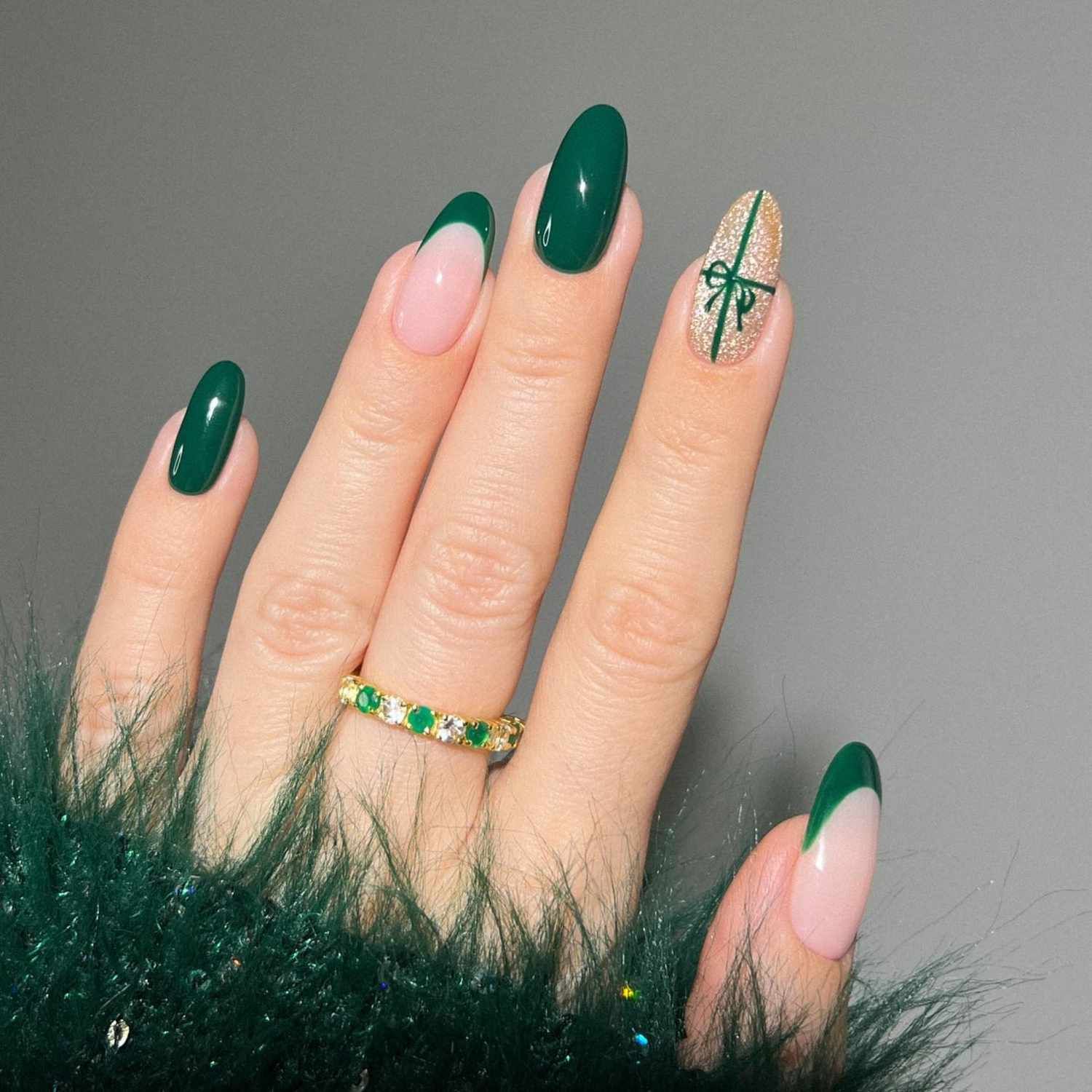 Green French Tip Glitter Bow Nails Green French Tip Glitter Bow Nails — Christmas Nail Colors 2026