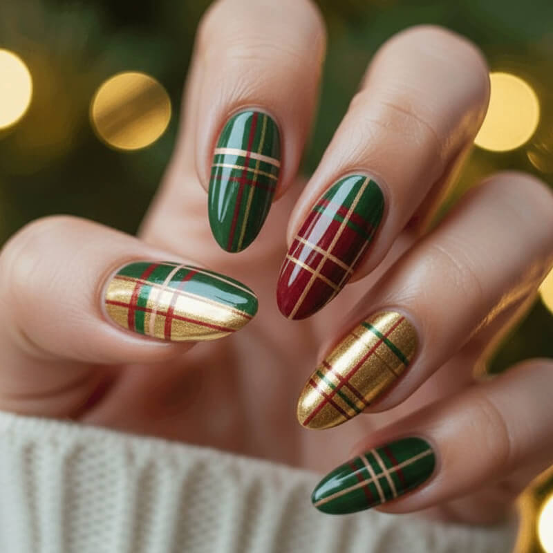Plaid Pattern With Gold Lines Visual Idea Plaid Pattern With Gold Lines Visual Idea — Winter Gel Nail Colors