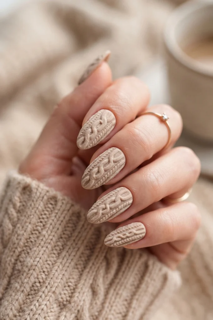 Cozy Cable Knit Matte Beige Nails Cozy Cable Knit Matte Beige Nails — Winter Birthday Nails