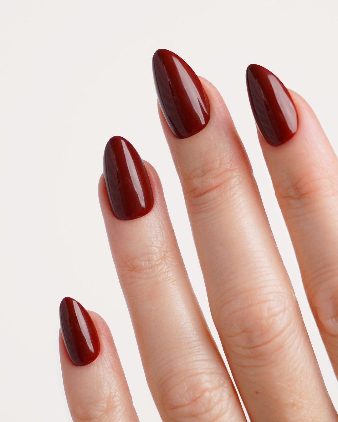 Muted Burgundy Glossy Short Almonds Muted Burgundy Glossy Short Almonds — Short Winter Almond Nails