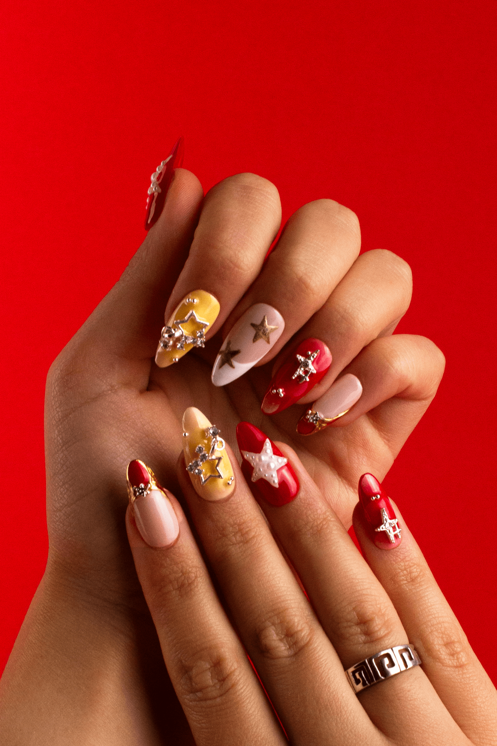 Long Almond Nails With Star Rhinestones Long Almond Nails With Star Rhinestones — New Years Press On Nails 2027