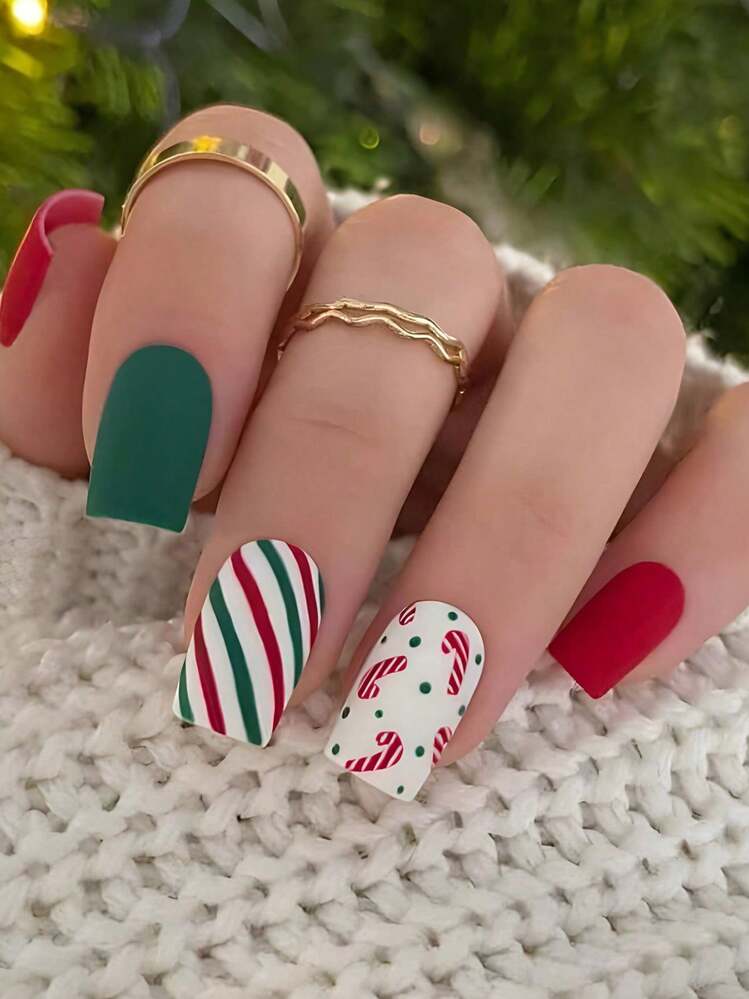 Short Square Matte Red Candy Cane Nails Short Square Matte Red Candy Cane Nails — Christmas Square Nails 2026