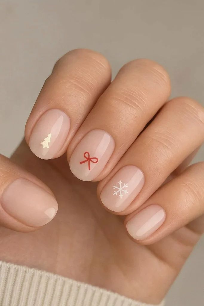 Nude Base with Subtle Festive Icons Nude Base with Subtle Festive Icons — Short Christmas Nails 2026