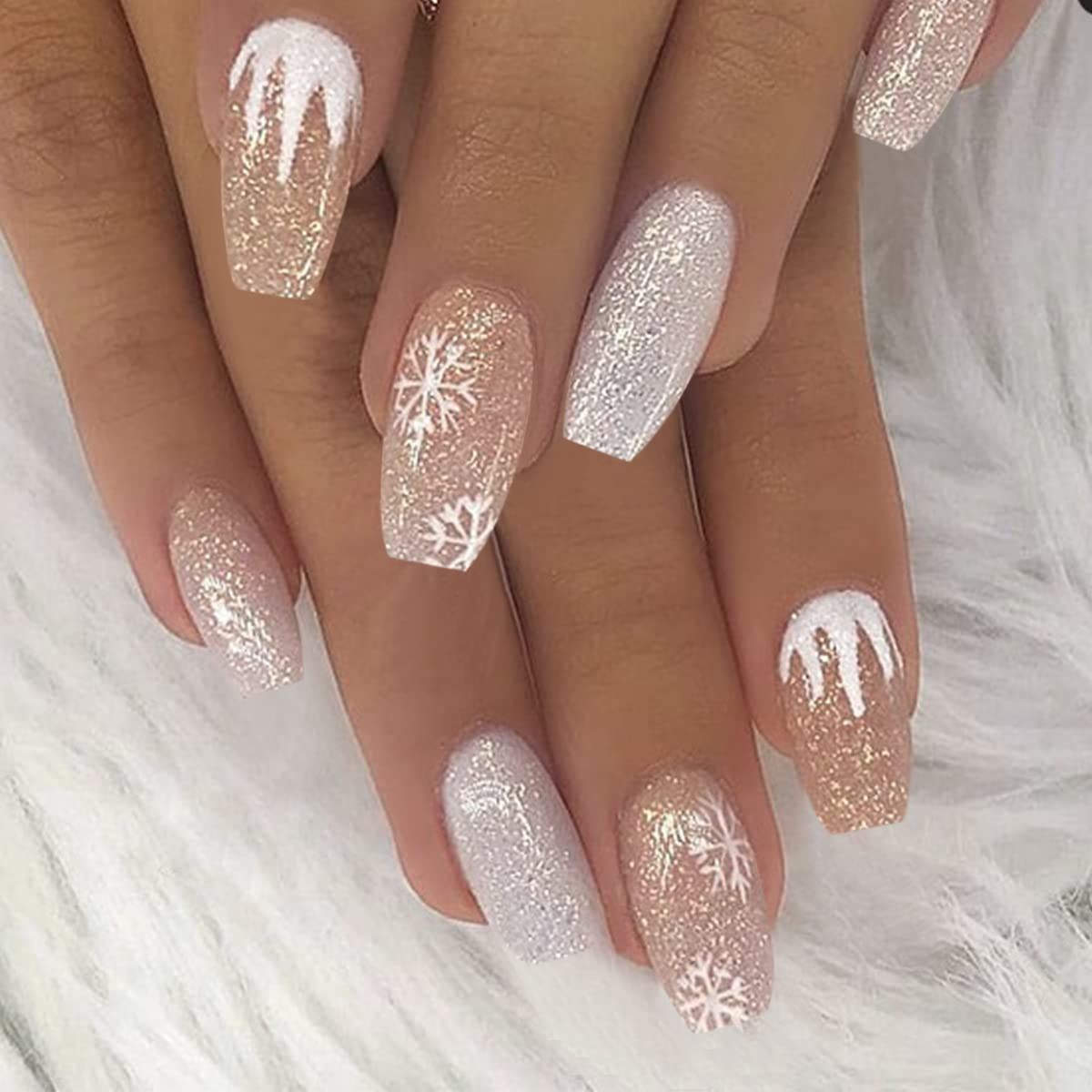 Champagne Silver Glitter Icicle Nails Champagne Silver Glitter Icicle Nails — Short Christmas Coffin Nails 2026