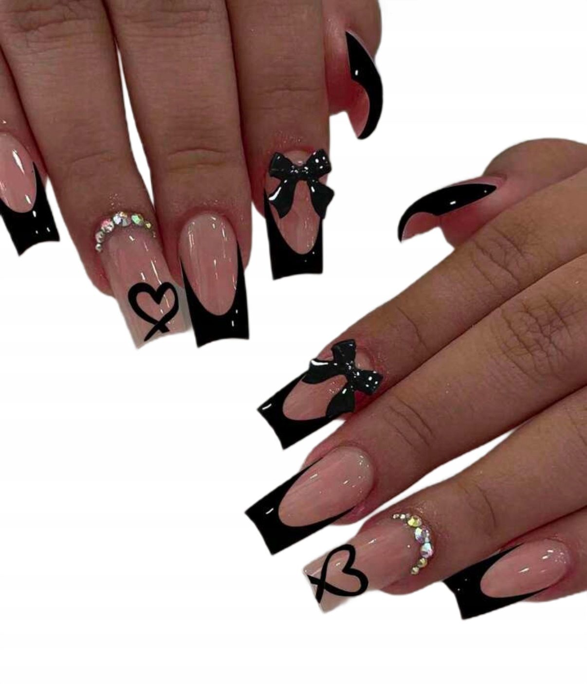 Black French Tips with 3D Black Bows and Hearts Black French Tips with 3D Black Bows and Hearts — Winter Bow Nails