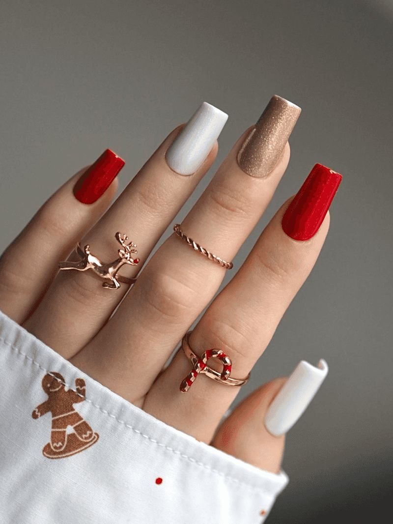 Solid Red White Gold Glitter Long Square Nails Solid Red White Gold Glitter Long Square Nails — Cute Christmas Nails 2026