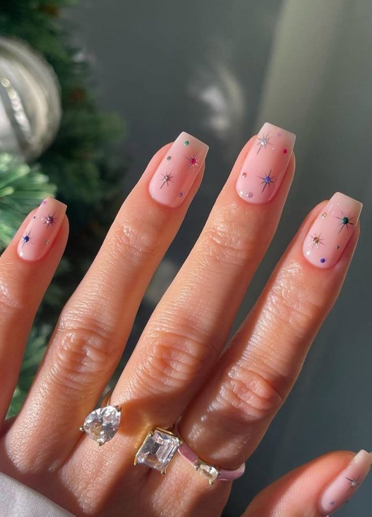 Sheer Pink Star Outline Square Nails Sheer Pink Star Outline Square Nails — Winter Party Nails