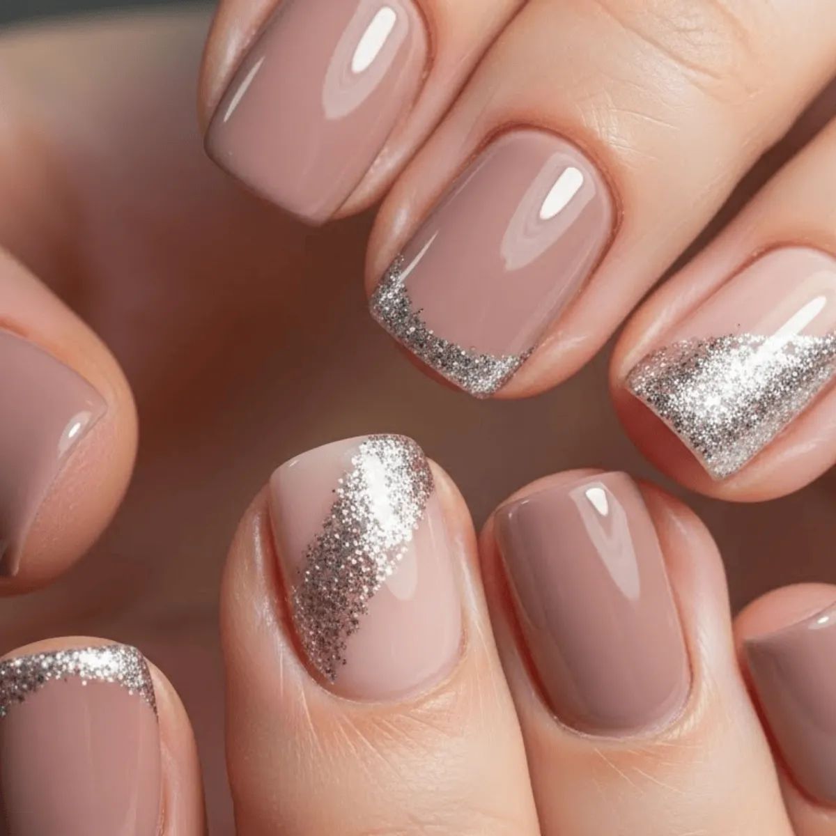 Short Square Muted Pink Taupe Glitter Accents — Winter Champagne Nails