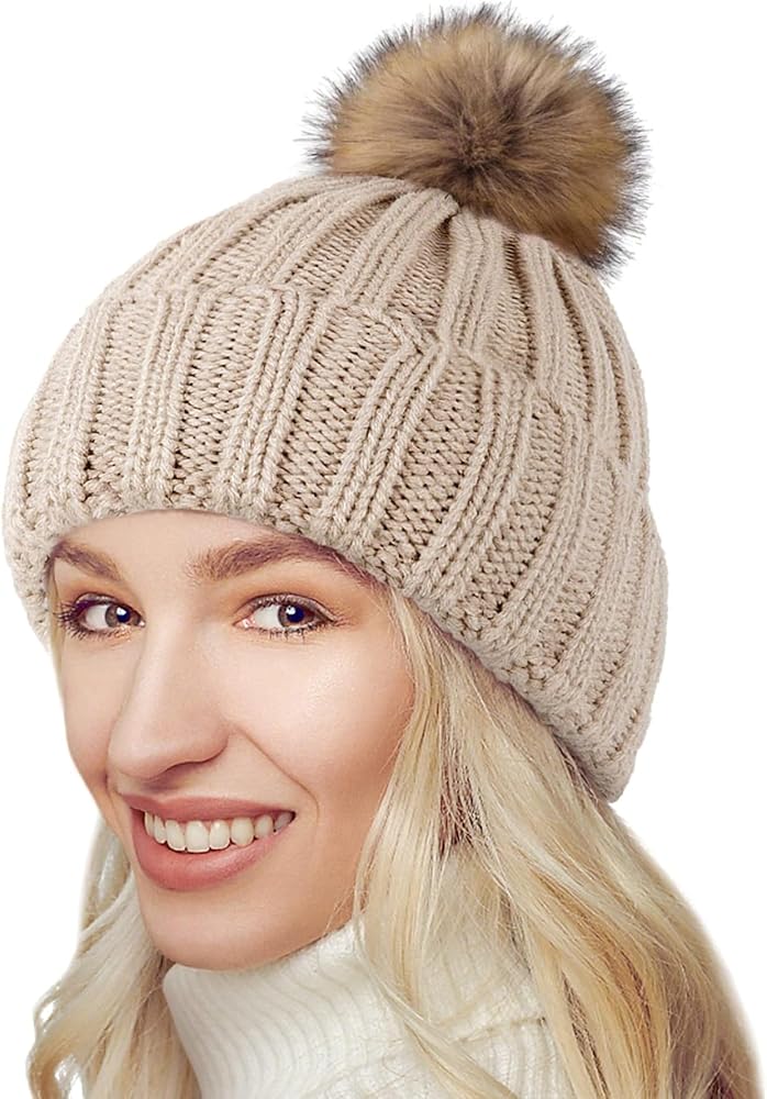 Shoulder Length Wavy Beige With Fur Pompom Beanie — Winter Hat Hairstyles