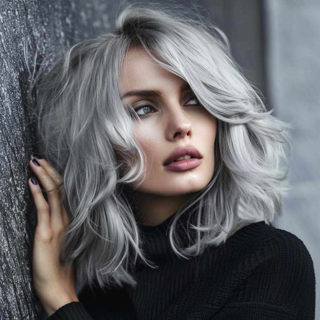 Voluminous Wavy Bob With Dark Roots Voluminous Wavy Bob With Dark Roots — Winter Hairstyles for Gray Hair