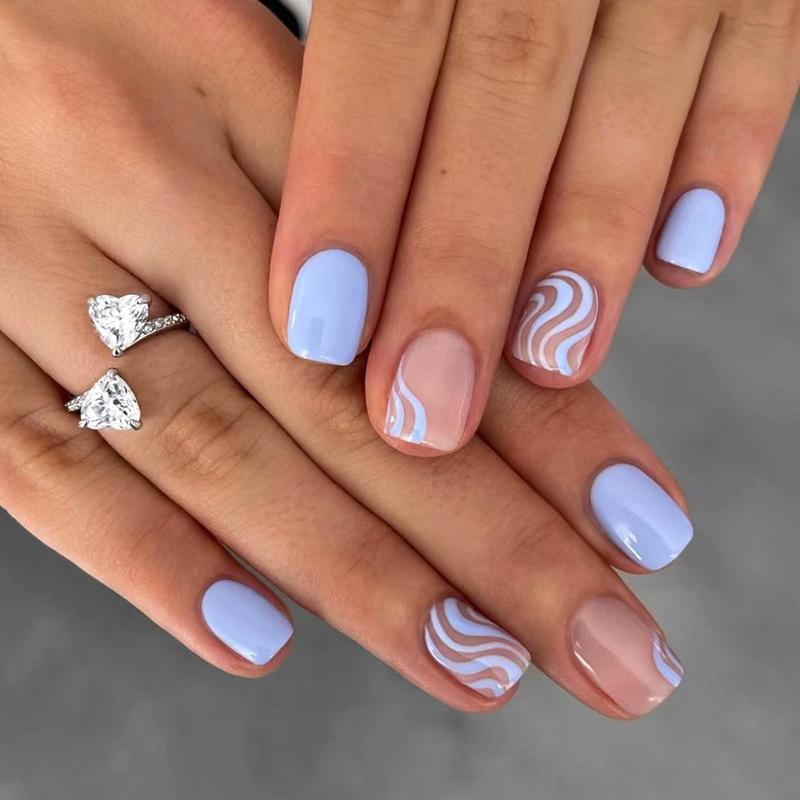 Light Blue with Nude Swirl Accents Light Blue with Nude Swirl Accents — Short Winter Acrylic Nails