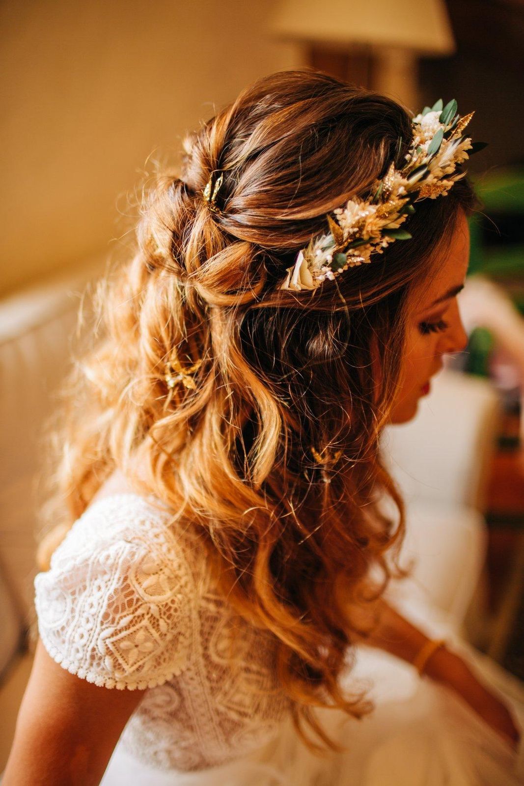 Half-Up Waves with Floral Braiding — Winter Wedding Hairstyles