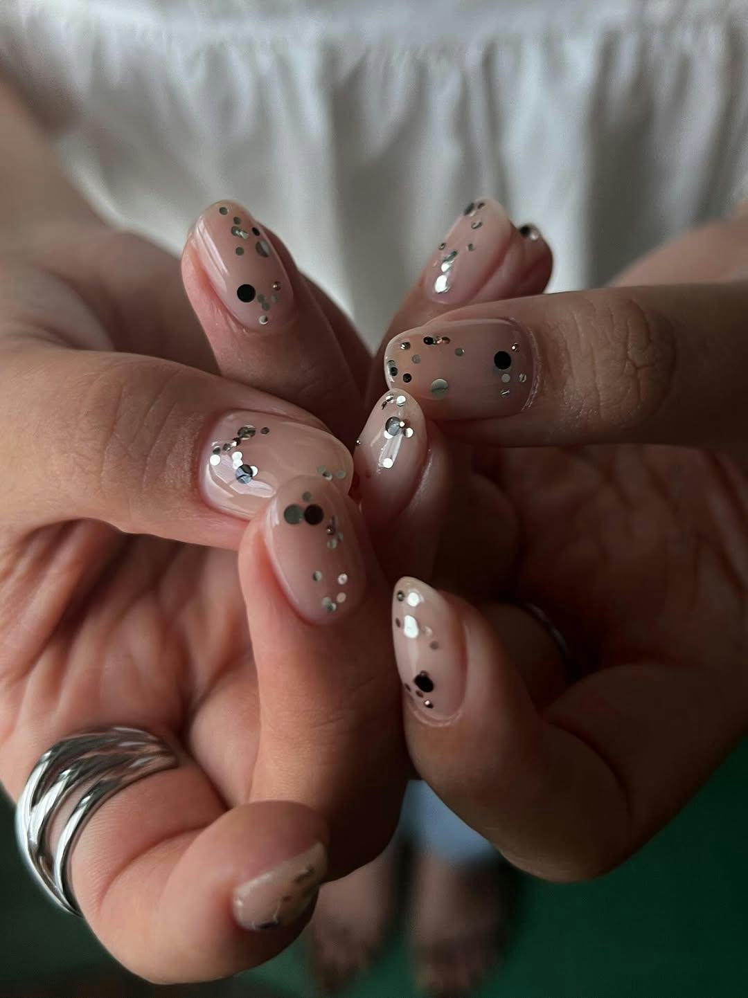 Scattered Glitter And Small Black Dots Visual Idea Scattered Glitter And Small Black Dots Visual Idea — Aesthetic Winter Nails