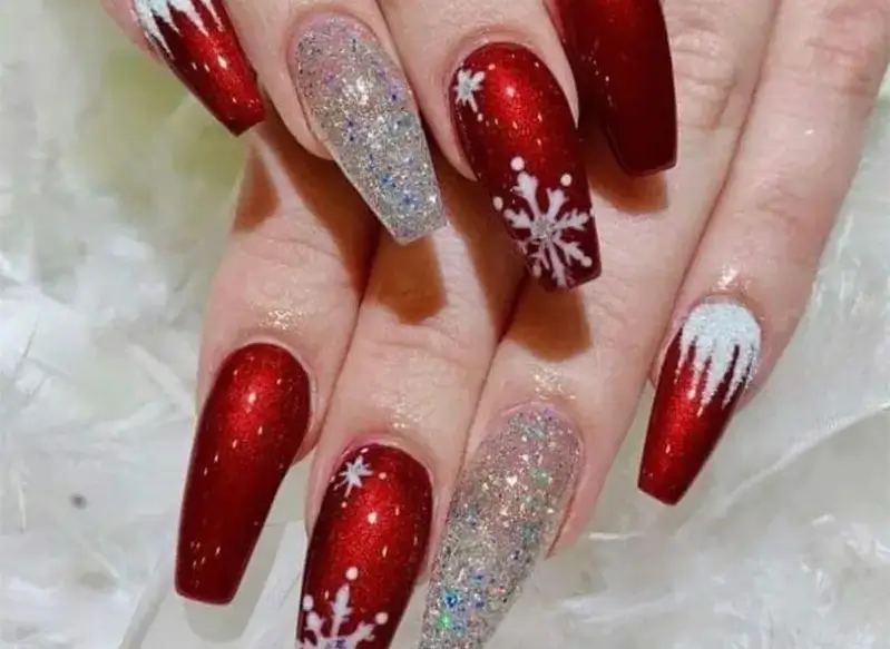 Shimmering Red Silver Glitter Snowflake Coffin Nails Shimmering Red Silver Glitter Snowflake Coffin Nails — Christmas Coffin Nails 2026