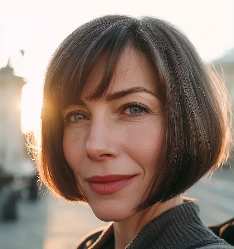 Angled Dark Brown Bob — Winter Hairstyles for Women Over 50