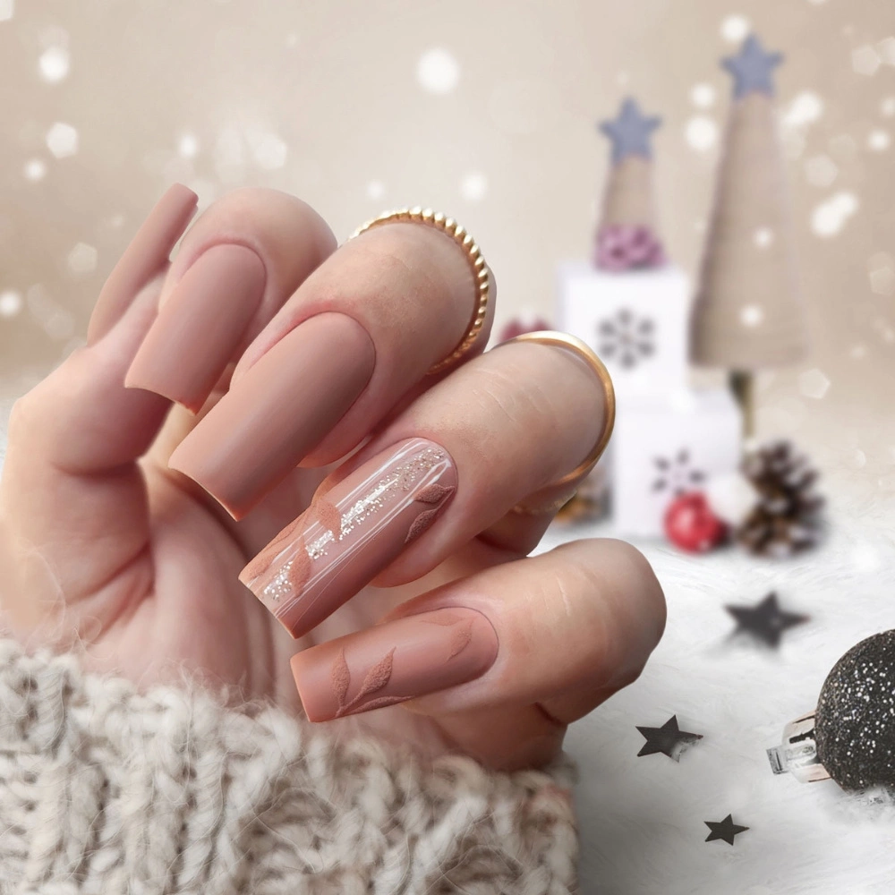 Nude Matte with Embossed Leaf Pattern Nude Matte with Embossed Leaf Pattern — Winter Matte Nails