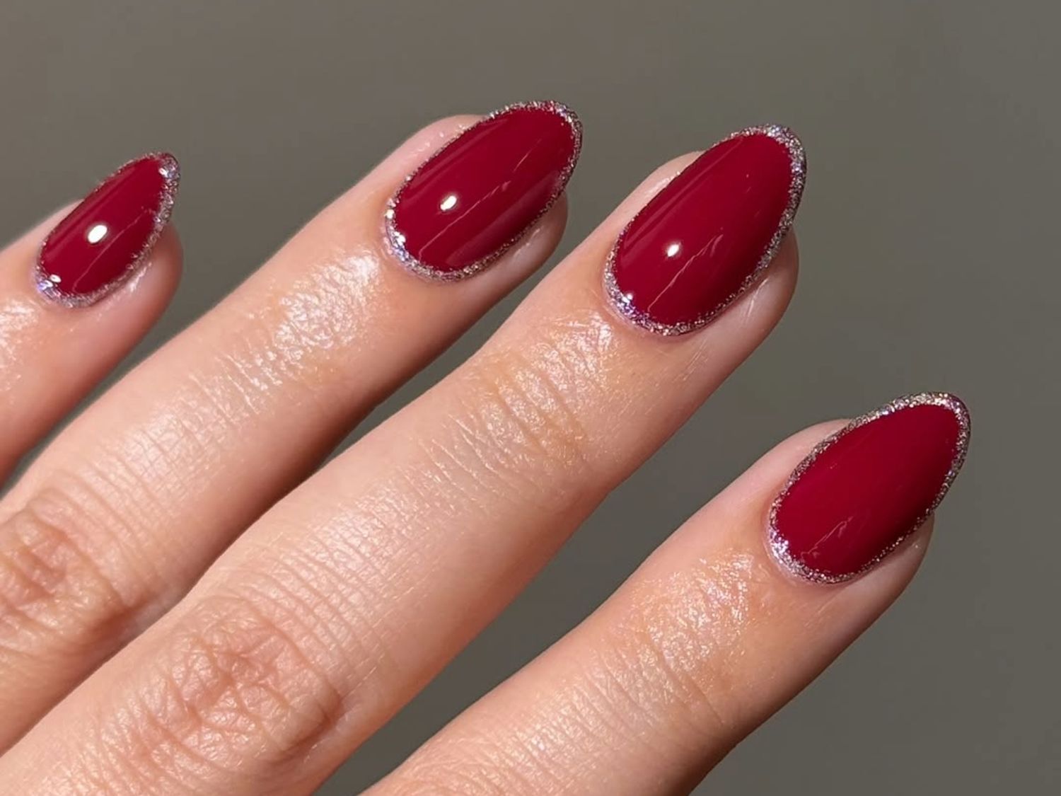 Deep Red with Silver Glitter Line Nails Deep Red with Silver Glitter Line Nails — Red Christmas Nails 2026