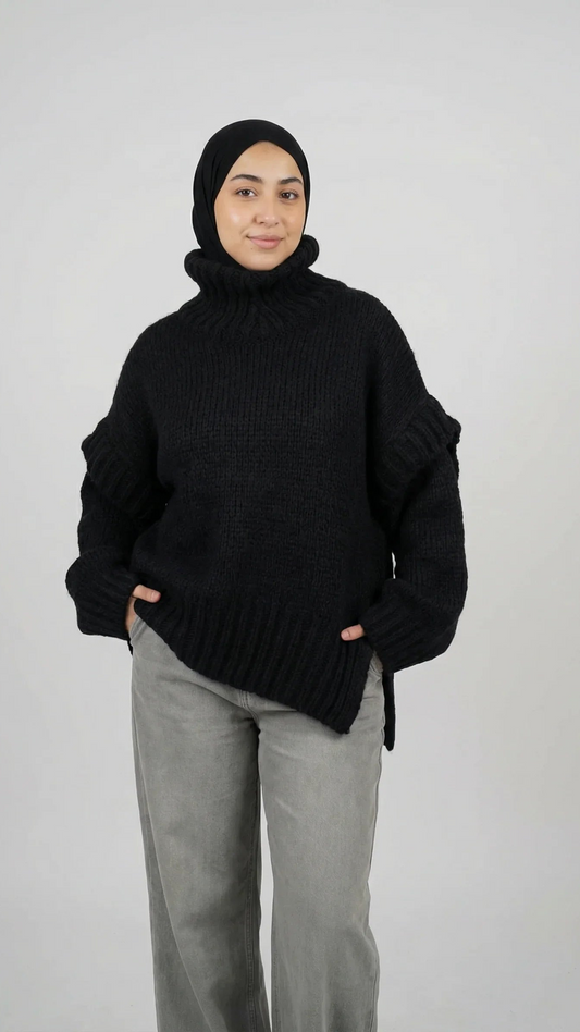 Black Oversized Turtleneck with Grey Wide-Leg Trousers Black Oversized Turtleneck with Grey Wide-Leg Trousers — Modest Winter Outfits