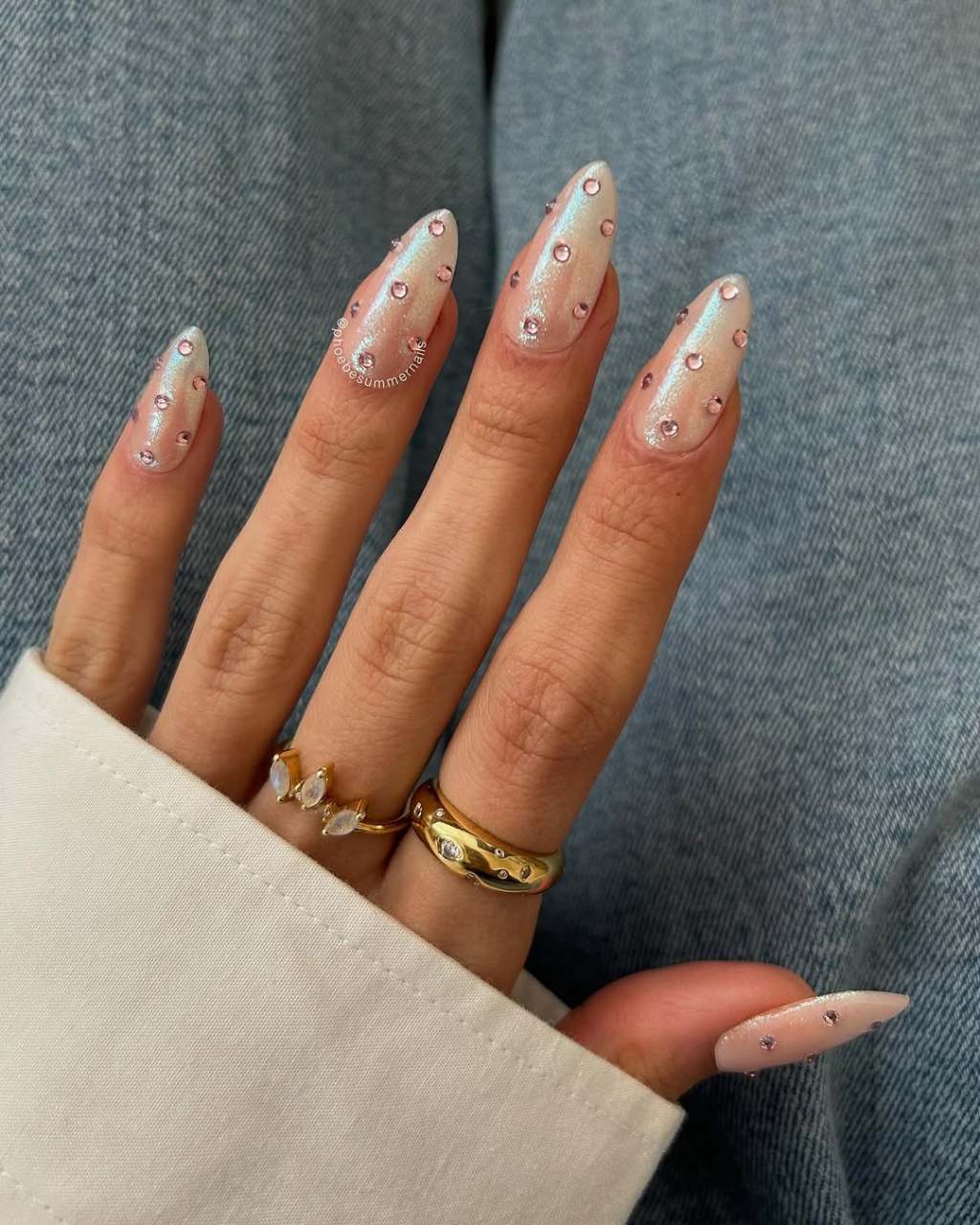 Pearlescent White Stiletto Nails with Rhinestones Pearlescent White Stiletto Nails with Rhinestones — Sparkly New Years Nails 2027