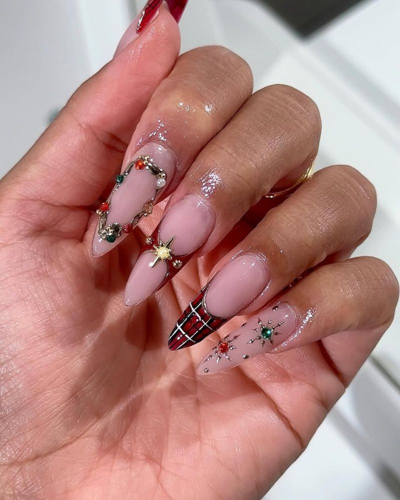 Sheer Pink Stilettos with Plaid and Stars Sheer Pink Stilettos with Plaid and Stars — Christmas Stiletto Nails 2026