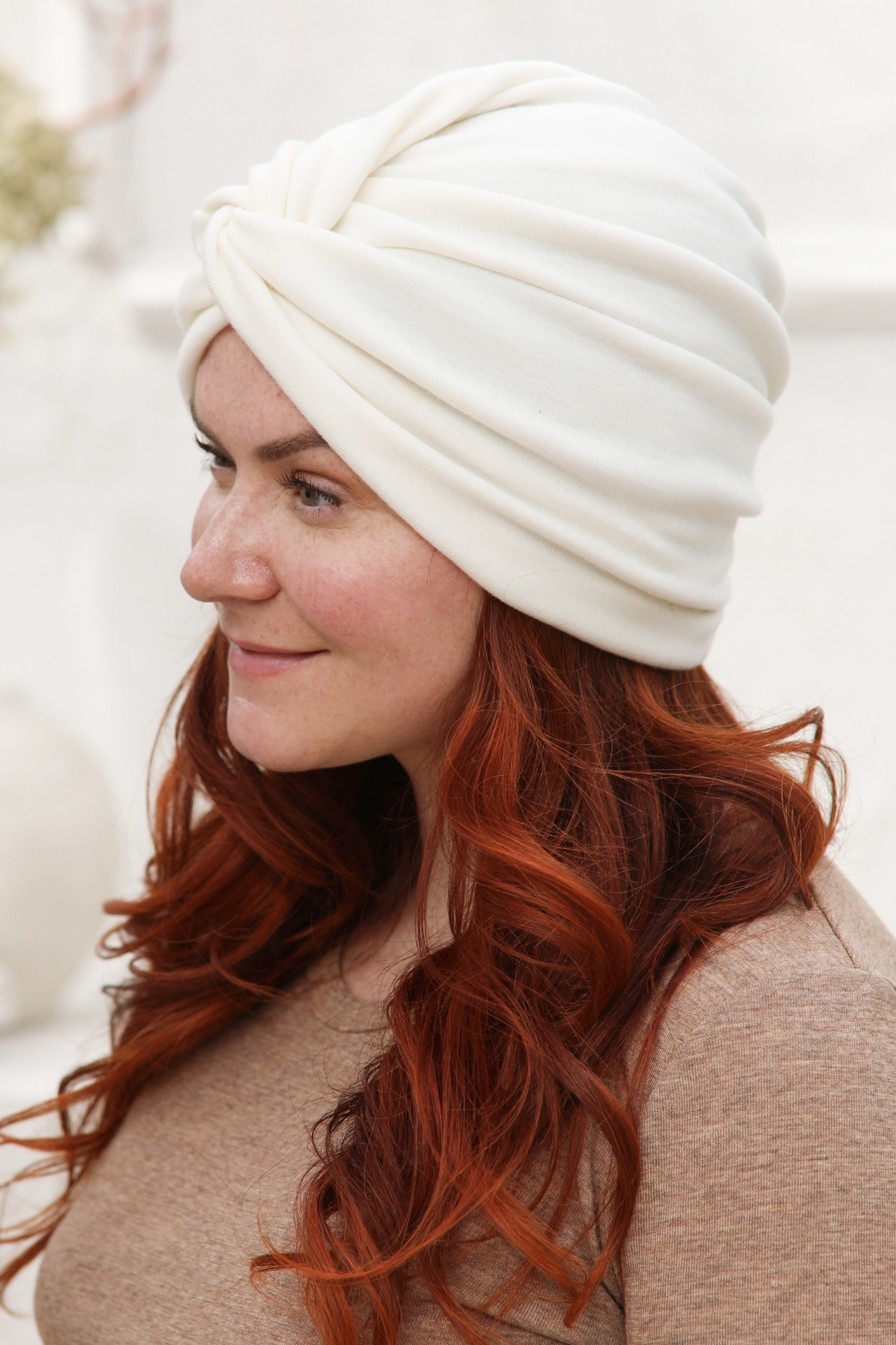 Layers Collarbone Red Wavy With Cream Turban Front View — Winter Hat Hairstyles