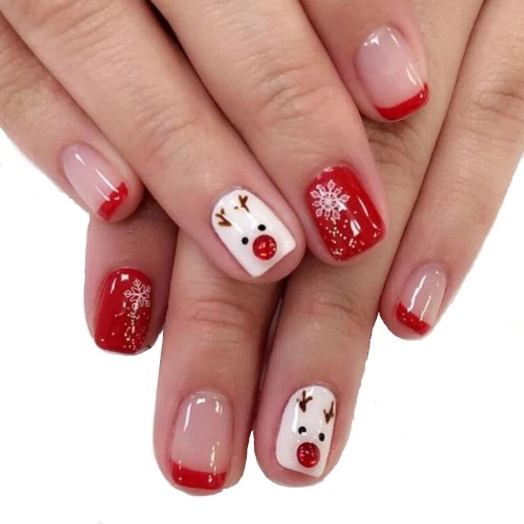 Cute Reindeer Face Red French Square Nails Cute Reindeer Face Red French Square Nails — Christmas Nails for Teens 2026