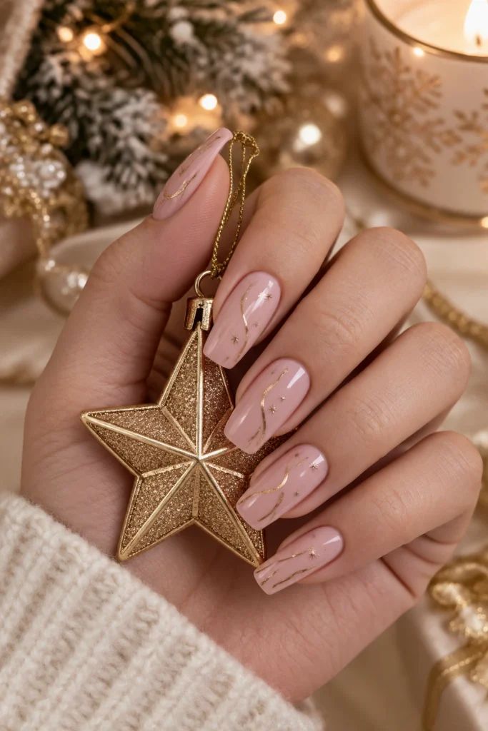 Pale Pink with Delicate Gold Wavy Lines Pale Pink with Delicate Gold Wavy Lines — Christmas Nails 2026
