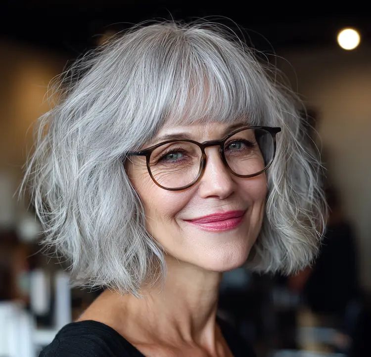 Wavy Grey Bob with Curtain Bangs — Winter Hairstyles for Women Over 50
