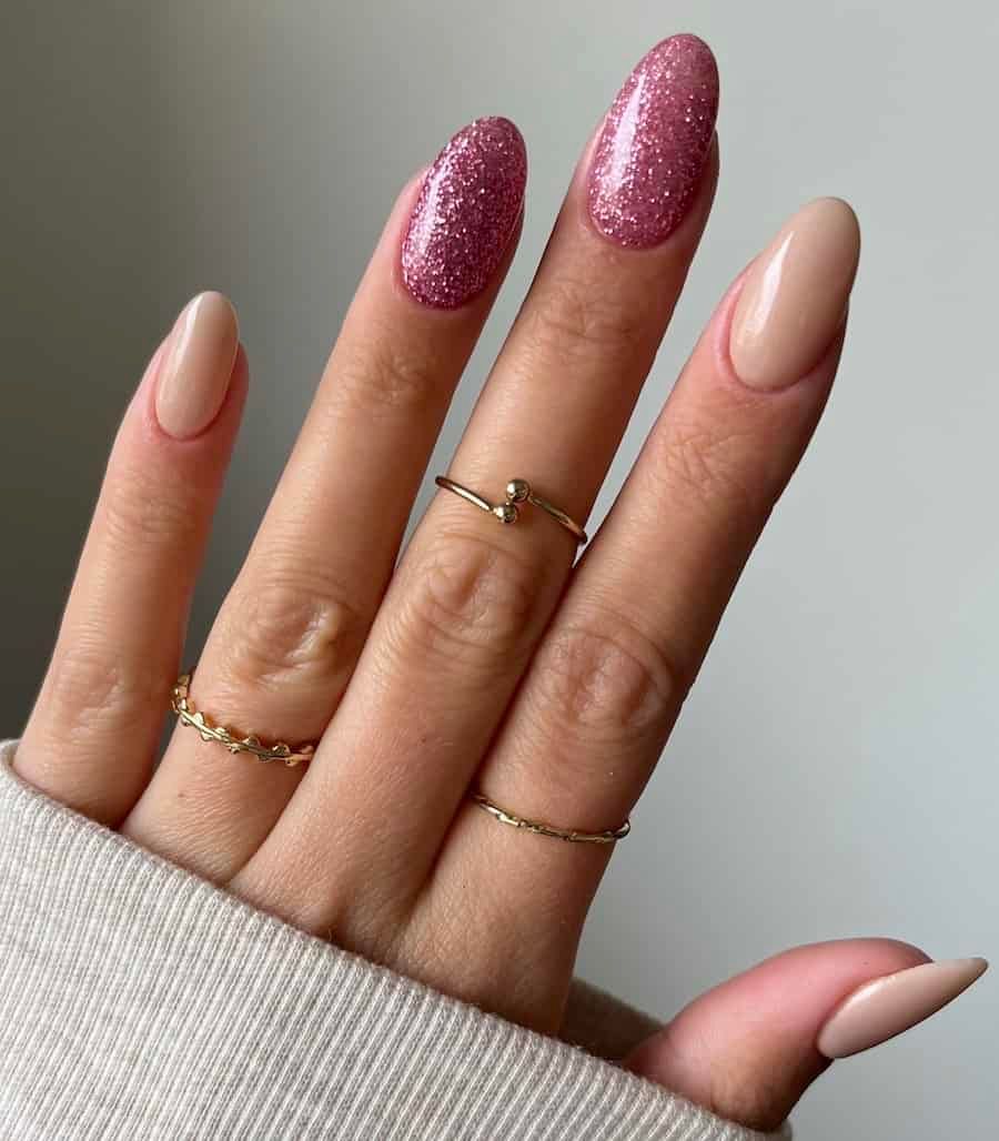 Nude Beige with Rose Gold Glitter — New Years Dip Powder Nails 2027
