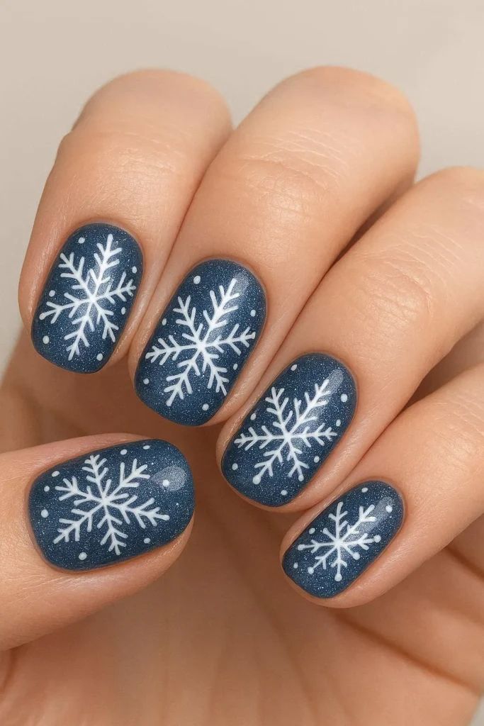 Deep Blue with Shimmer and Snowflakes Deep Blue with Shimmer and Snowflakes — Winter Nails for School