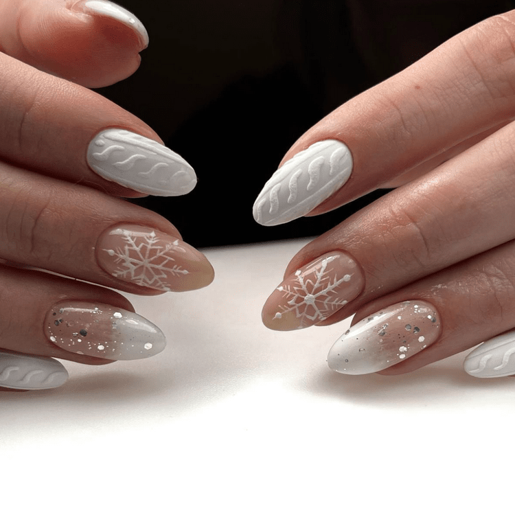 Matte White Cable Knit & Nude Snowflakes Matte White Cable Knit & Nude Snowflakes — Cozy Winter Nails