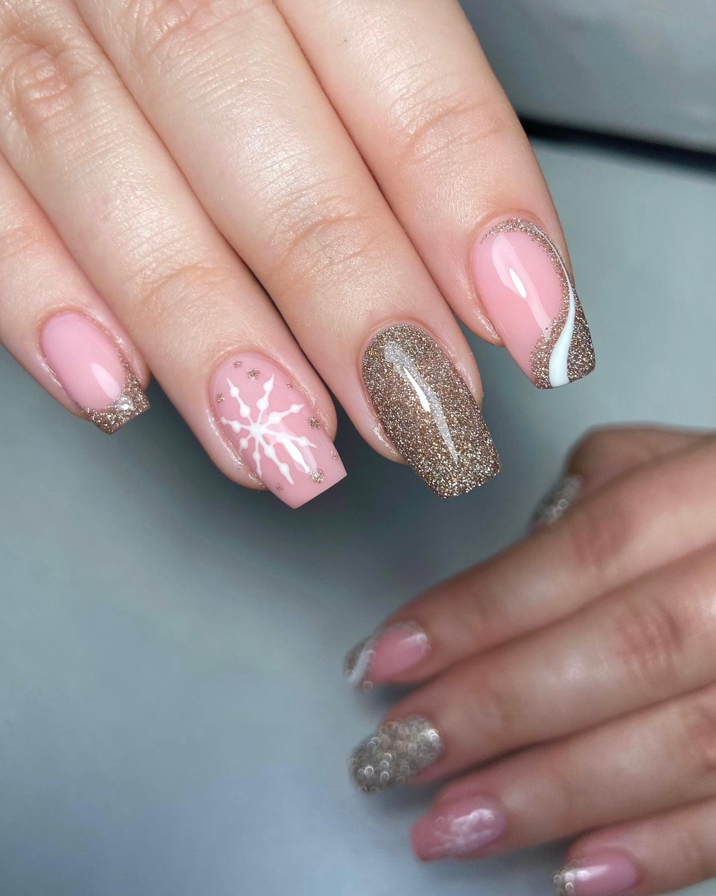 Pink Coffin with Snowflake and Glitter Pink Coffin with Snowflake and Glitter — Winter Birthday Nails