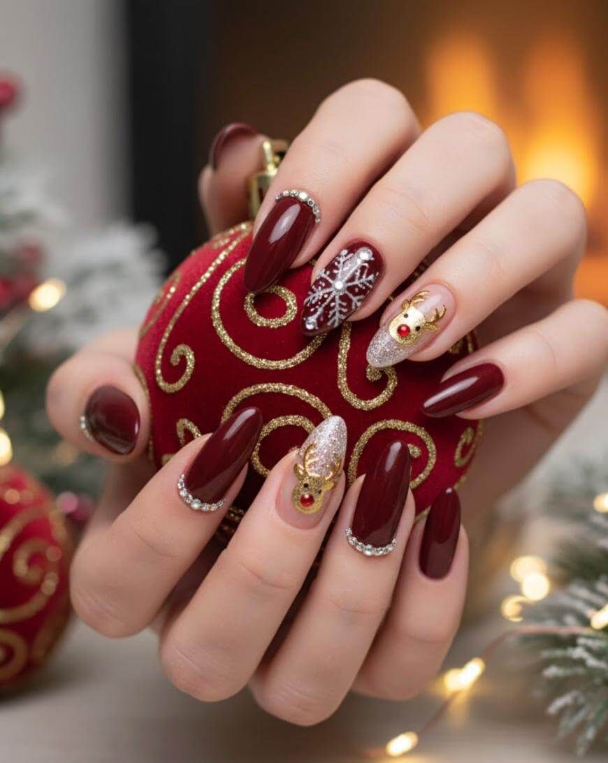 Medium Oval Burgundy with Reindeer Rhinestones Medium Oval Burgundy with Reindeer Rhinestones — Red Christmas Nails 2026