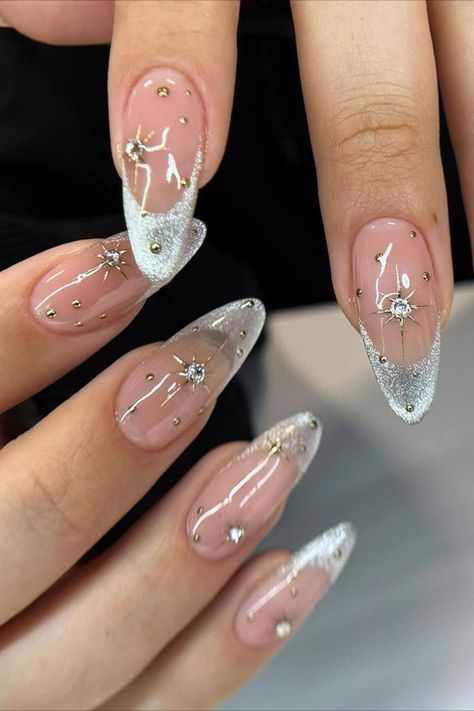 Medium Almond Silver Glitter French Studded Nails Medium Almond Silver Glitter French Studded Nails — New Years Eve Nails 2027