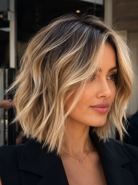 Textured Wavy Blonde Balayage Bob — Winter Hairstyles for Women Over 40