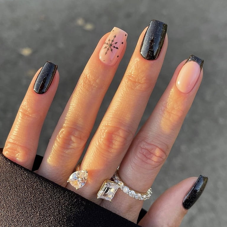 Glossy Glitter Sheer Pink Black Snowflake Glitter Nails Glossy Glitter Sheer Pink Black Snowflake Glitter Nails — Christmas Square Nails 2026