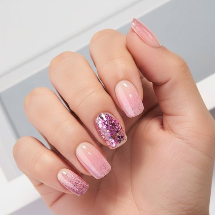 Pink with Rose Gold Glitter Accent Pink with Rose Gold Glitter Accent — Short Winter Acrylic Nails