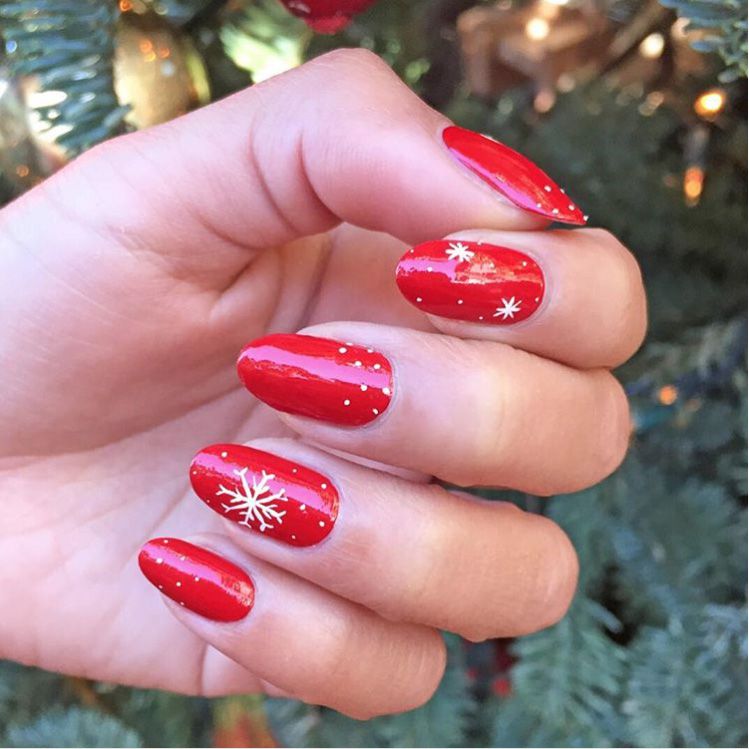 Bright Red Snowflake Dot Almond Nails Bright Red Snowflake Dot Almond Nails — Cherry Red Christmas Nails 2026